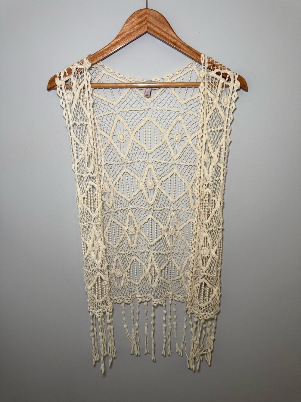 Blu Pepper Vintage Crochet Fringe Cream Lace Duster Boho Festival Layer Vest - L